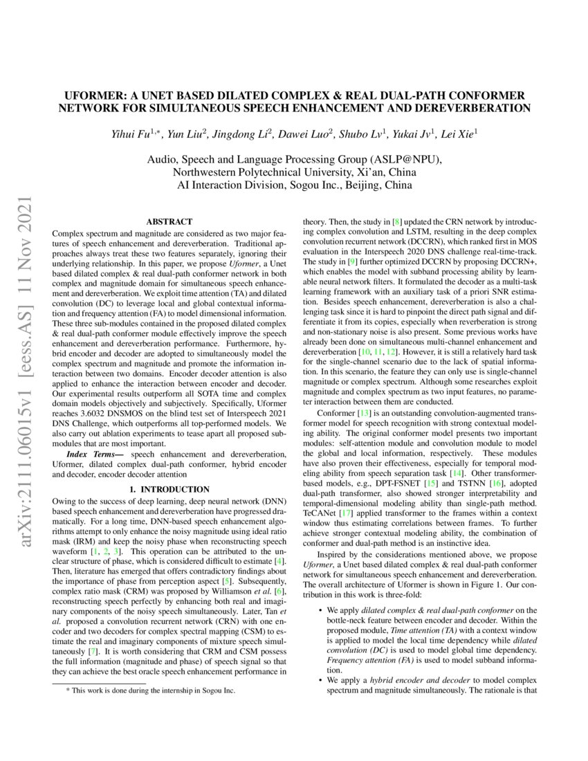 Uformer A based dilated complex real dualpath conformer network