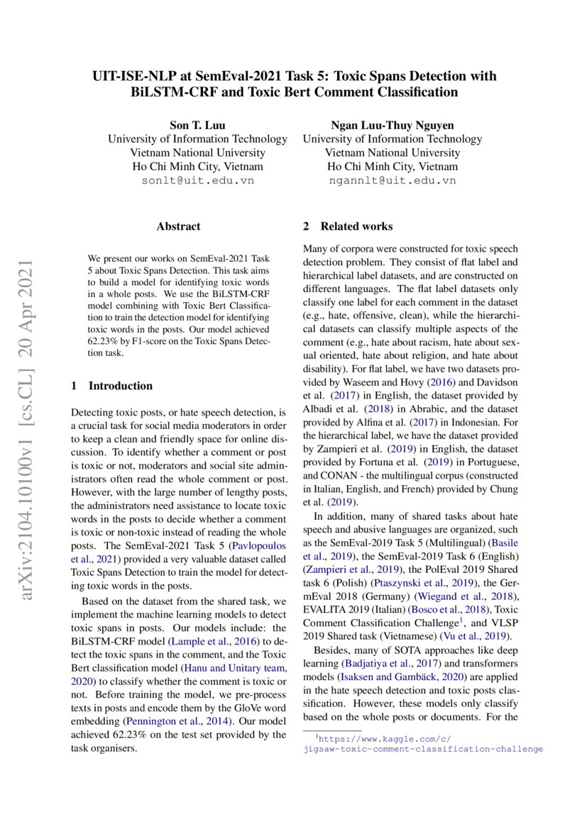 UIT-ISE-NLP at SemEval-2021 Task 5: Toxic Spans Detection with BiLSTM ...