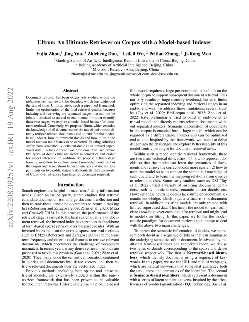 Ultron An Ultimate Retriever on Corpus with a Modelbased Indexer DeepAI