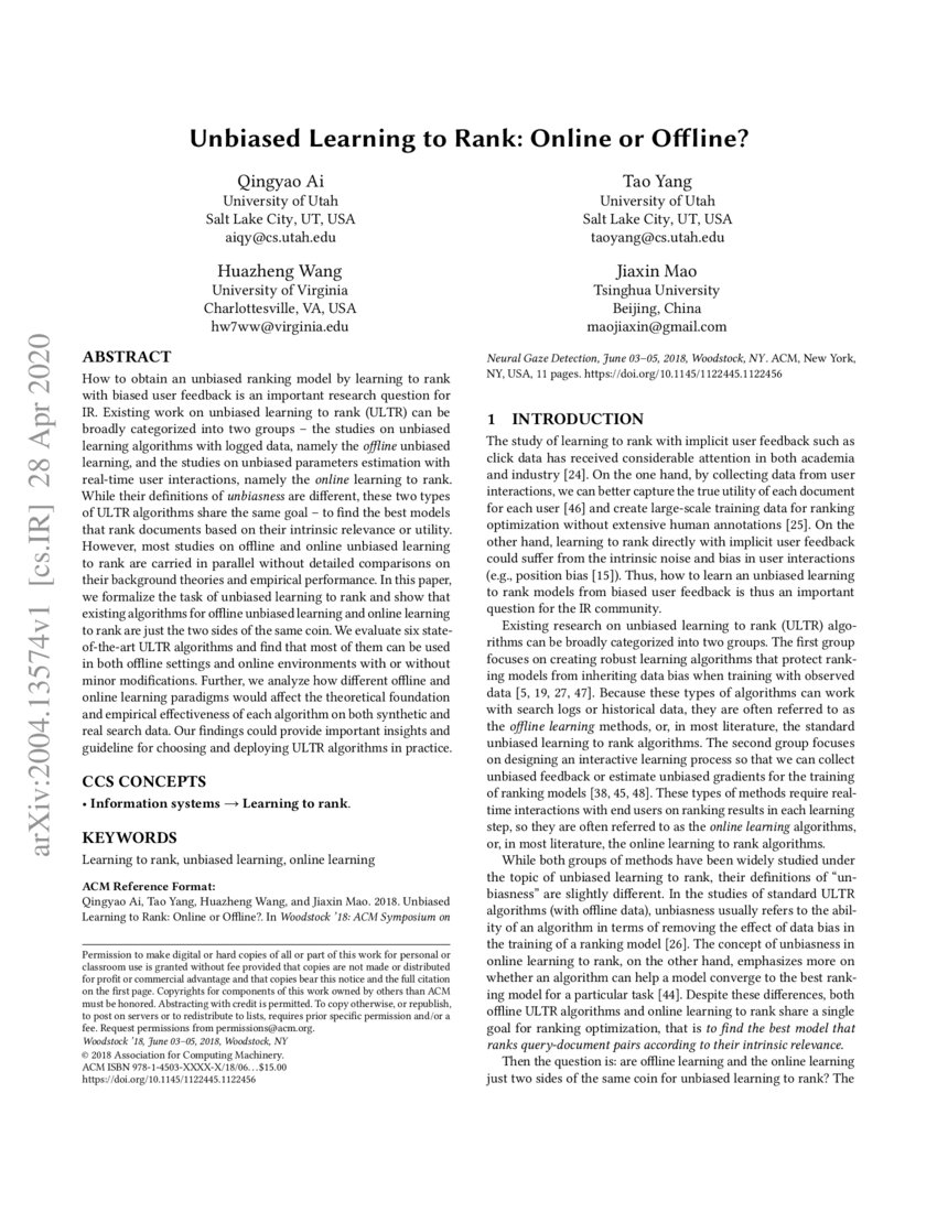 Unbiased Learning to Rank Online or Offline? DeepAI