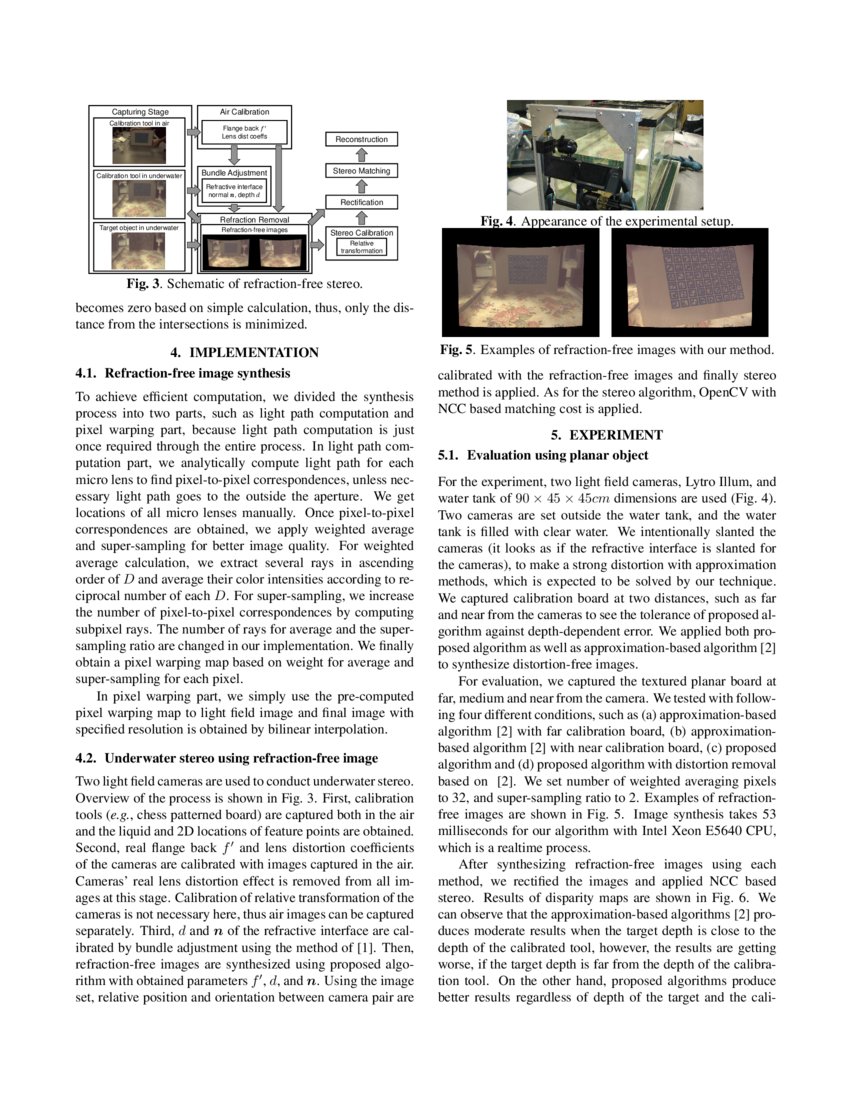 Underwater Stereo using Refractionfree Image Synthesized from Light