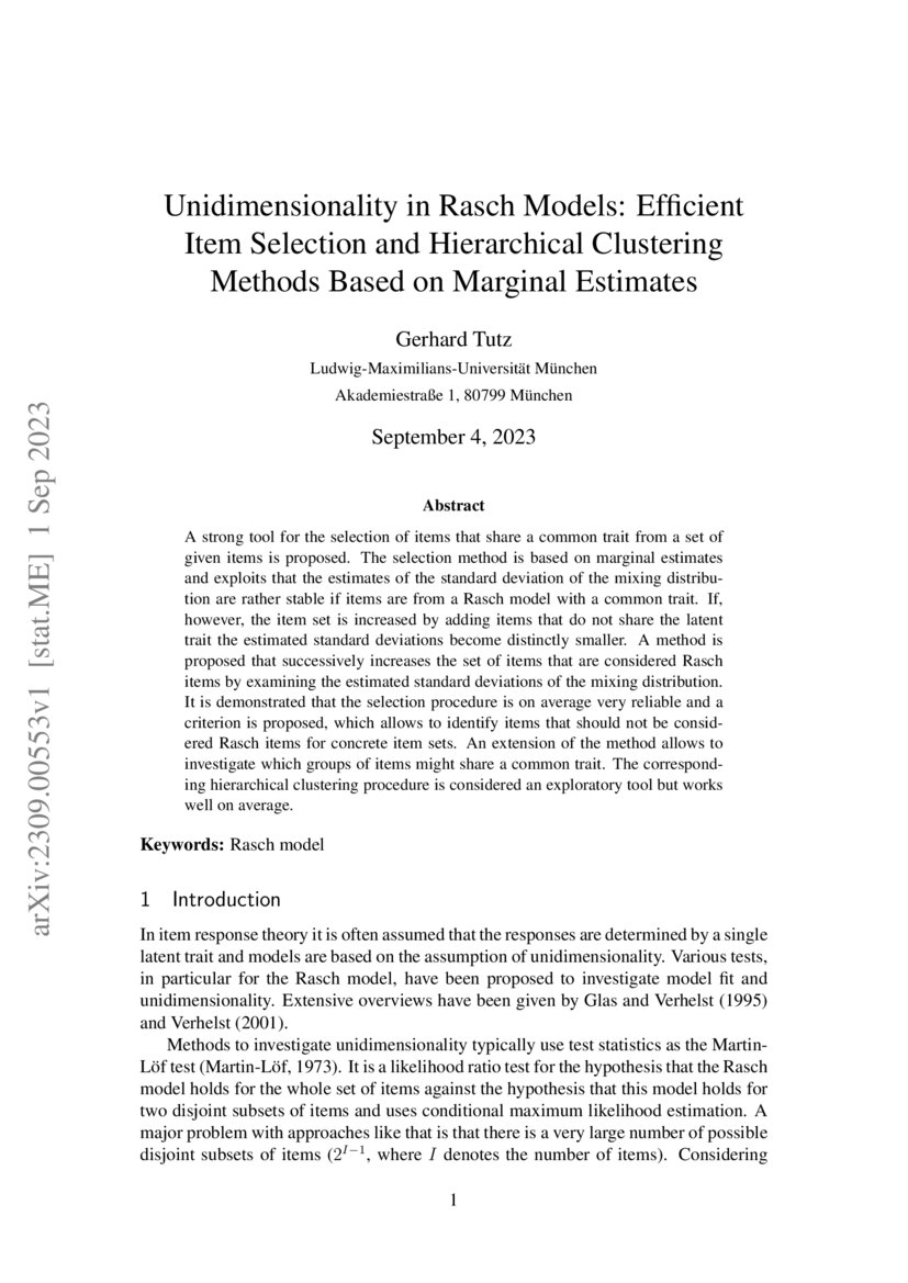 Unidimensionality in rasch models efficient item selection and