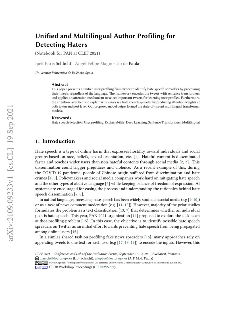 Unified and Multilingual Author Profiling for Detecting Haters DeepAI