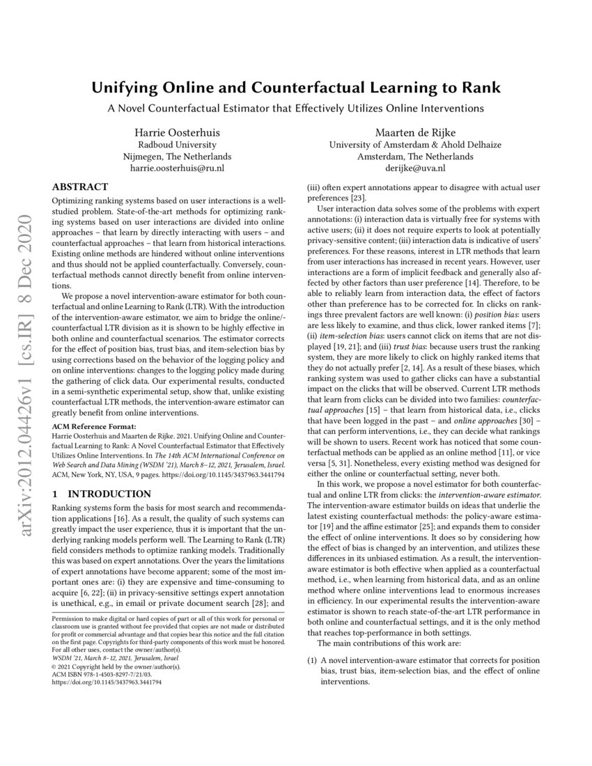 Unifying Online and Counterfactual Learning to Rank DeepAI