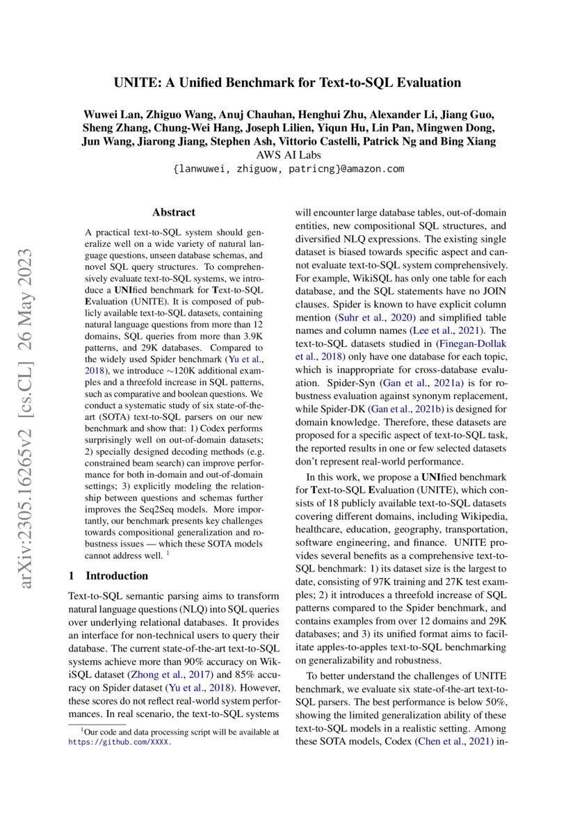 Unite A Unified Benchmark For Text To Sql Evaluation Deepai Unite A Unified Benchmark For Text To Sql Evaluation Deepai