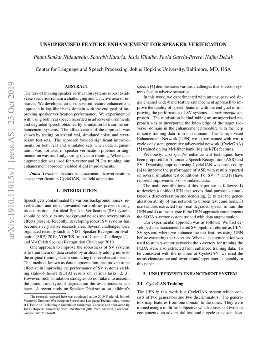 Unsupervised Feature Enhancement for speaker verification DeepAI