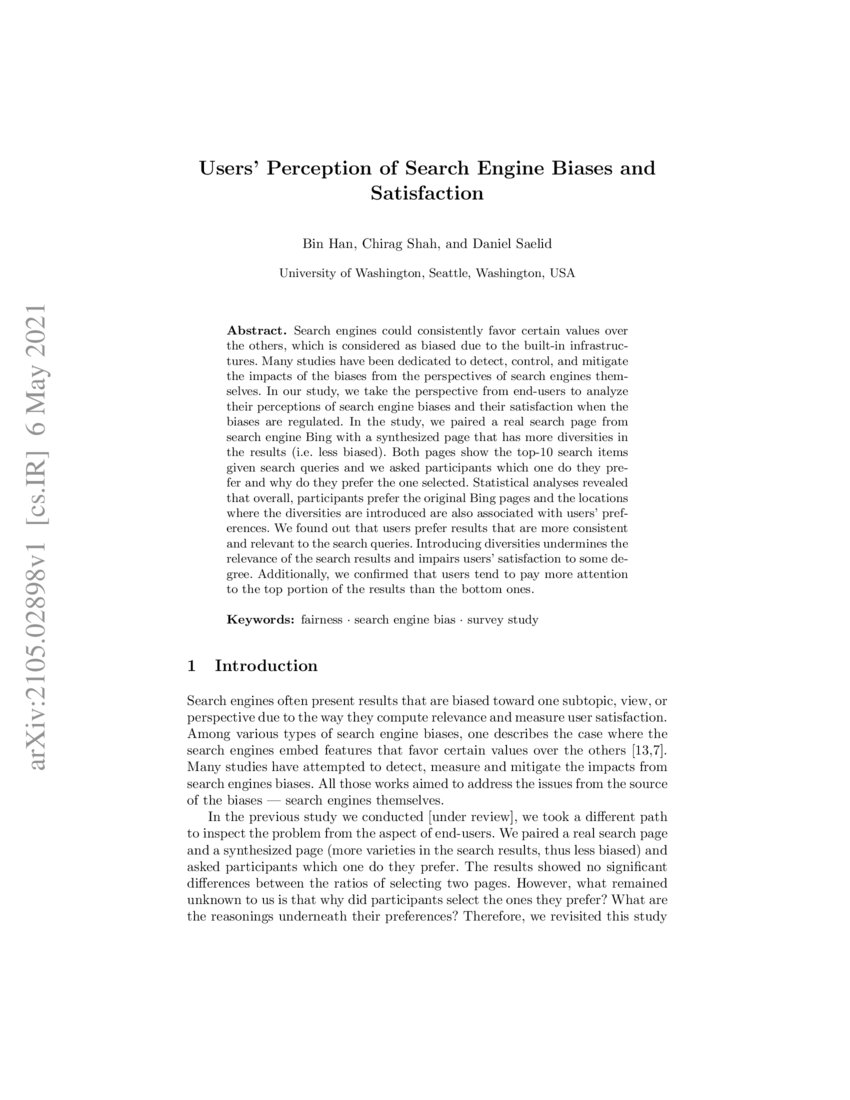 Users' Perception of Search Engine Biases and Satisfaction | DeepAI