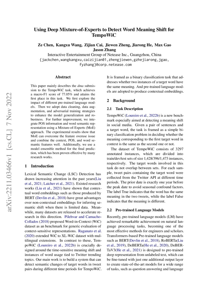 Using Deep MixtureofExperts to Detect Word Meaning Shift for TempoWiC