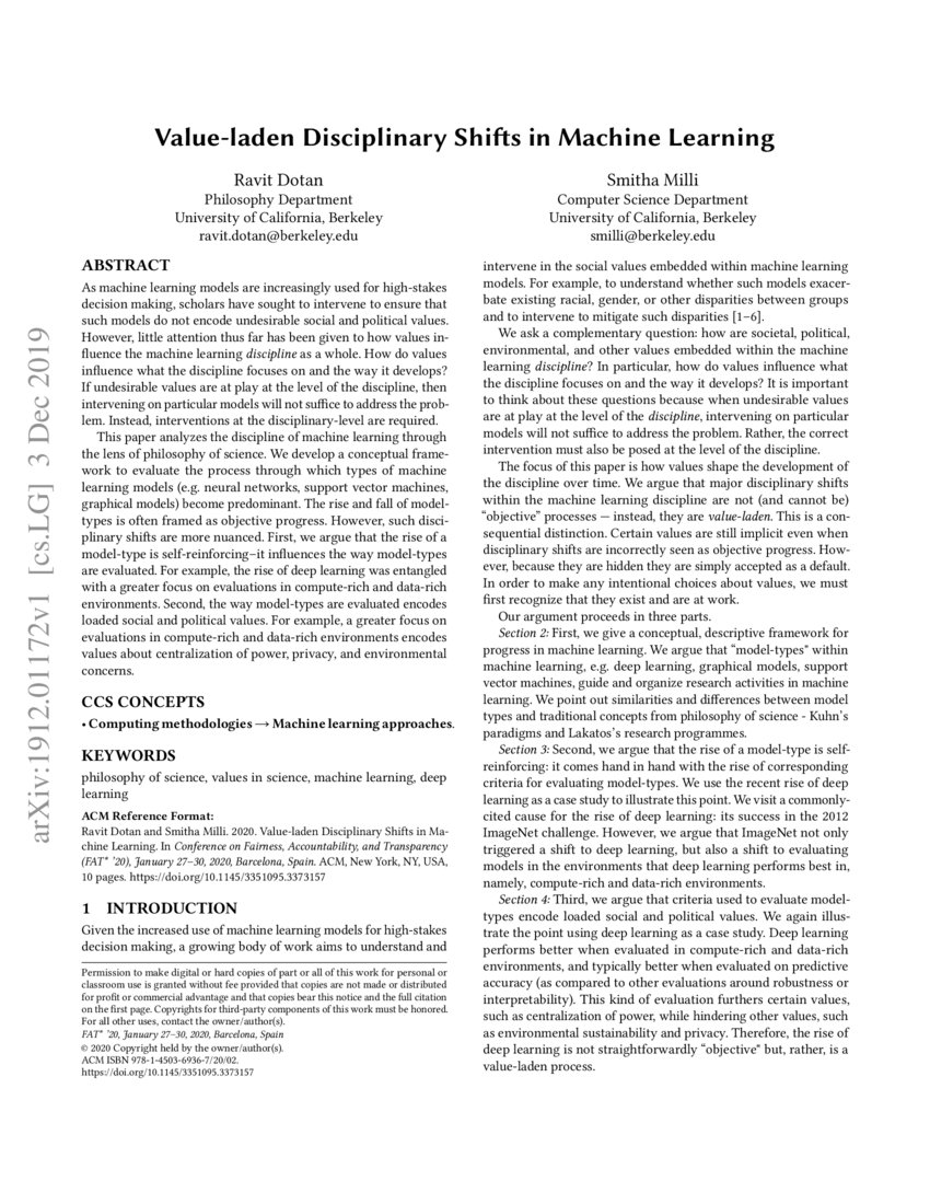 Valueladen Disciplinary Shifts in Machine Learning DeepAI