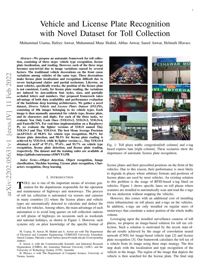Vehicle And License Plate Recognition With Novel Dataset For Toll Collection Deepai Vehicle And License Plate Recognition With Novel Dataset For Toll Collection Deepai