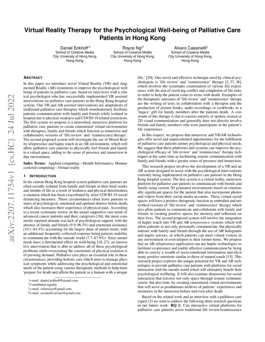 Virtual Reality Therapy for the Psychological Wellbeing of Palliative