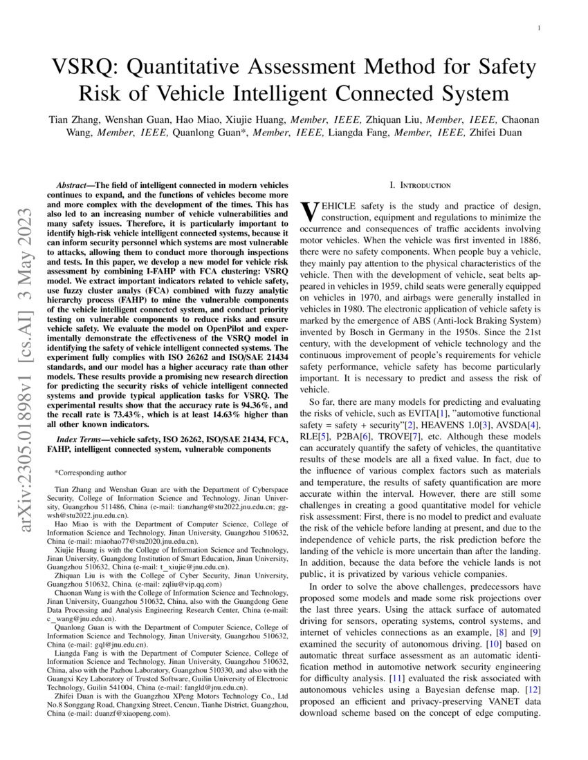 Vehicle Risk Method VSRQ: Quantitative Assessment Method for Safety Risk of Vehicle ...