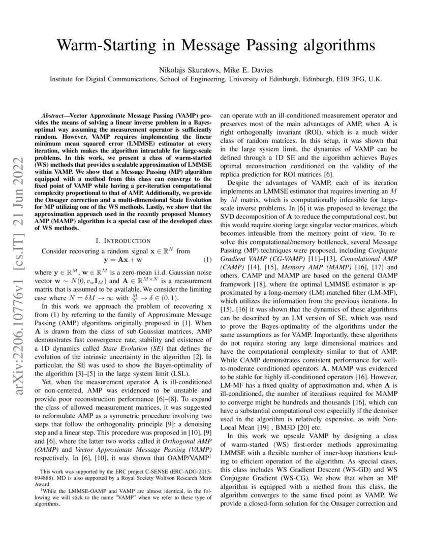 WarmStarting in Message Passing algorithms DeepAI