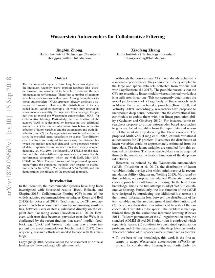 Wasserstein Autoencoders for Collaborative Filtering DeepAI