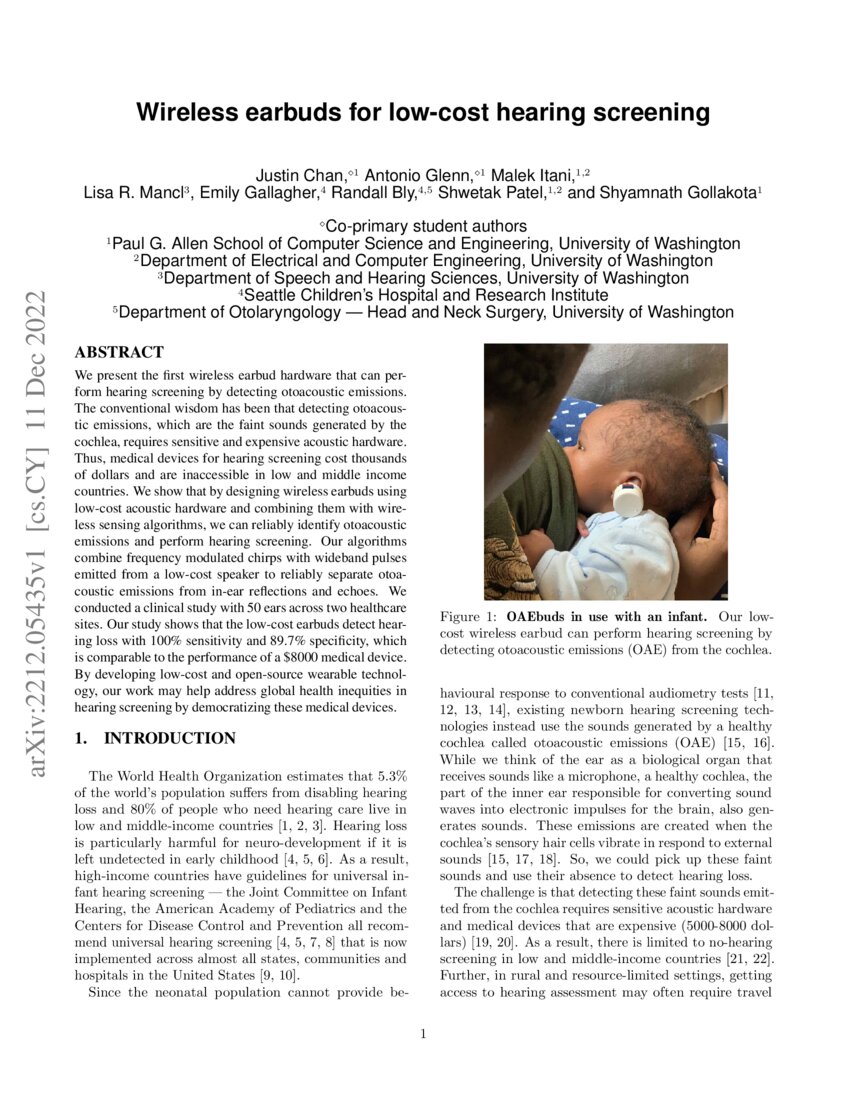 Wireless earbuds for lowcost hearing screening DeepAI