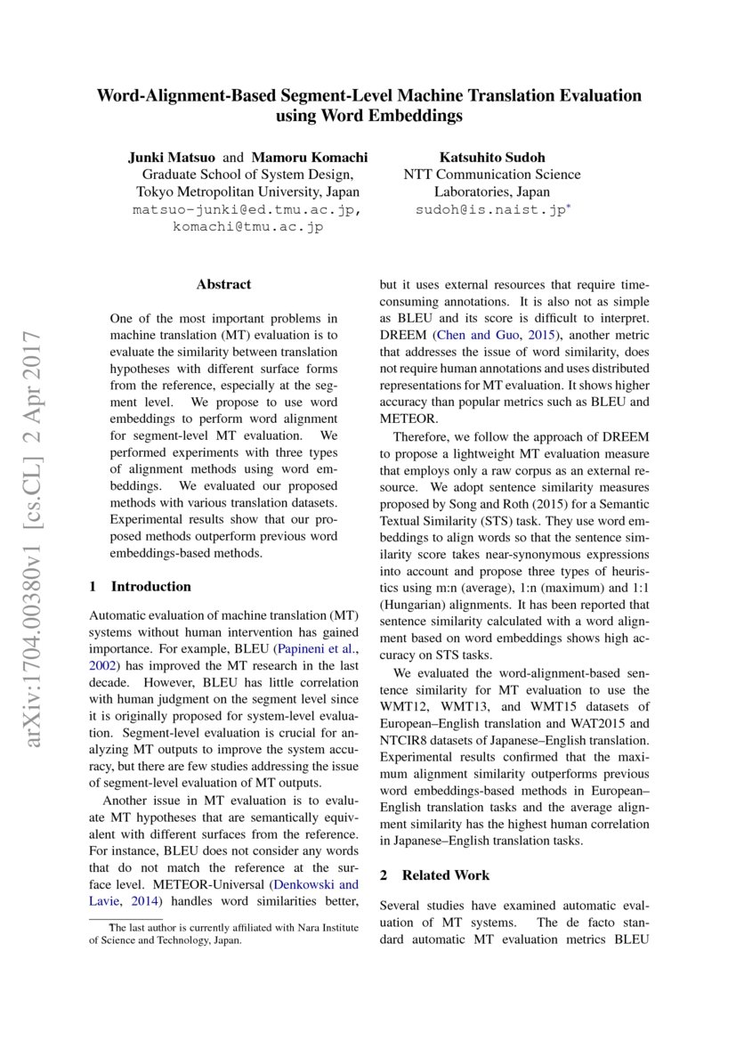 WordAlignmentBased SegmentLevel Machine Translation Evaluation using
