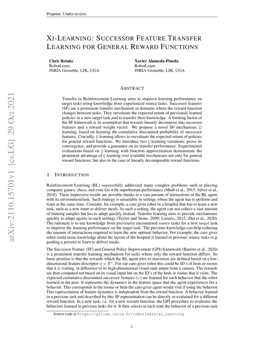 Xi-Learning: Successor Feature Transfer Learning for General Reward ...