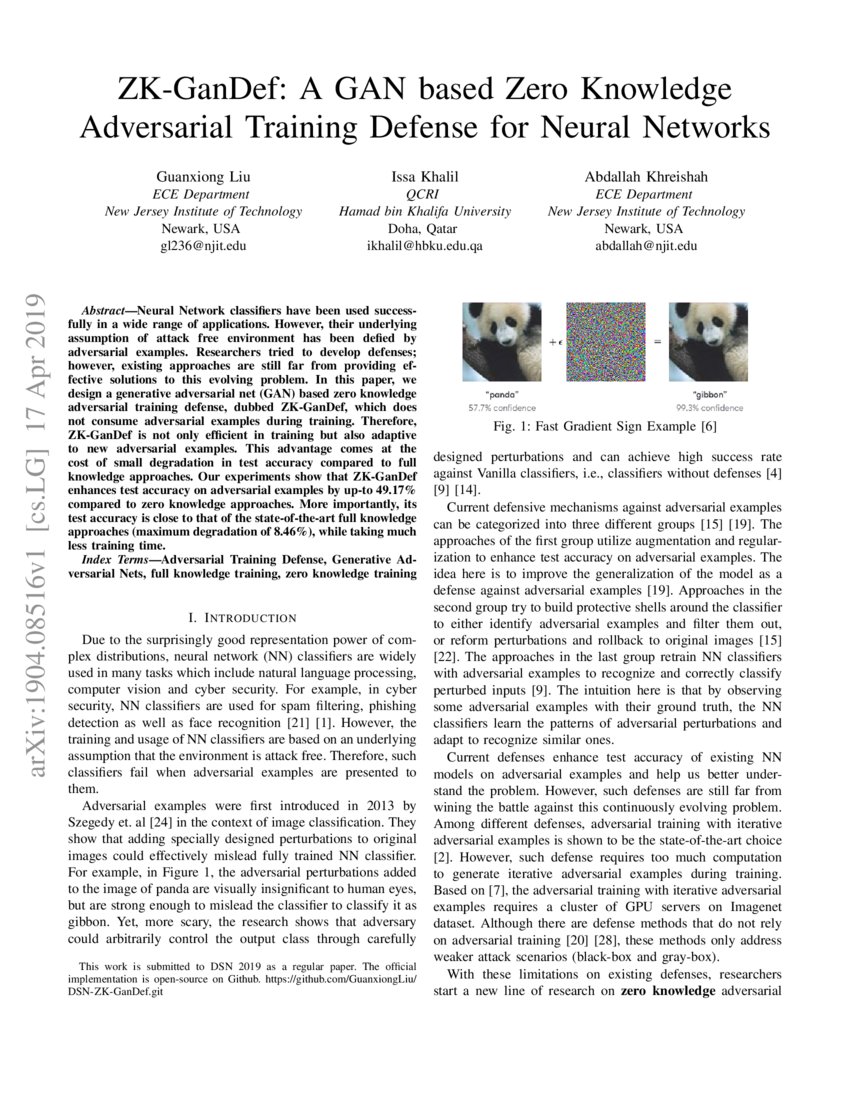 ZK-GanDef: A GAN based Zero Knowledge Adversarial Training Defense for ...